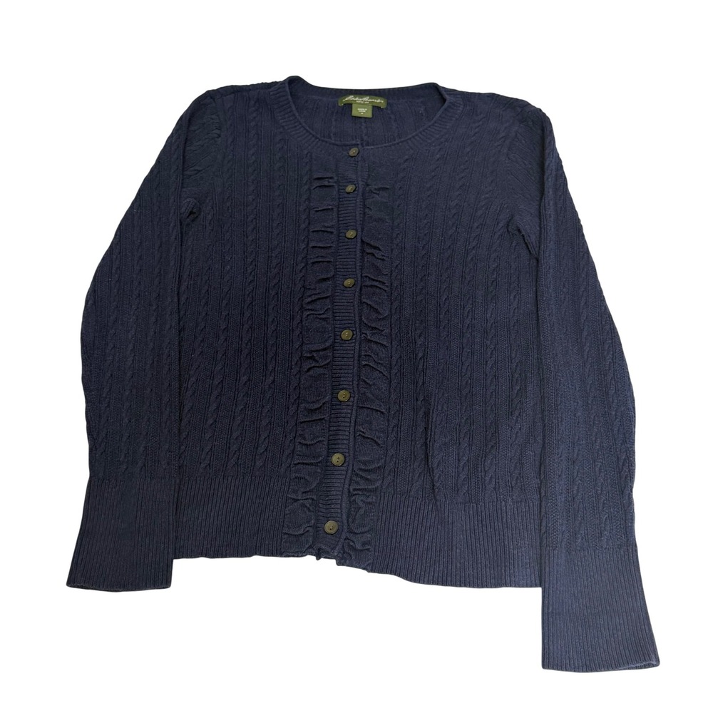 Eddie Bauer Navy Blue Cable Knit Ruffle Button Up Cardigan Sweater Womens Medium